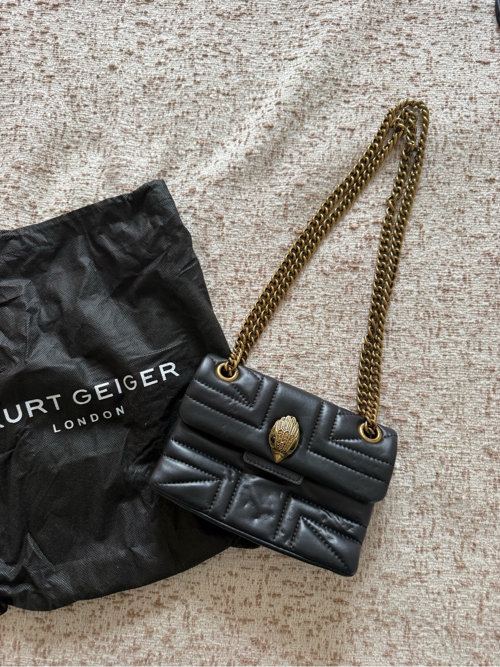 Kurt Geiger Black Quilted Leather Shoulder Bag with Gold Chain